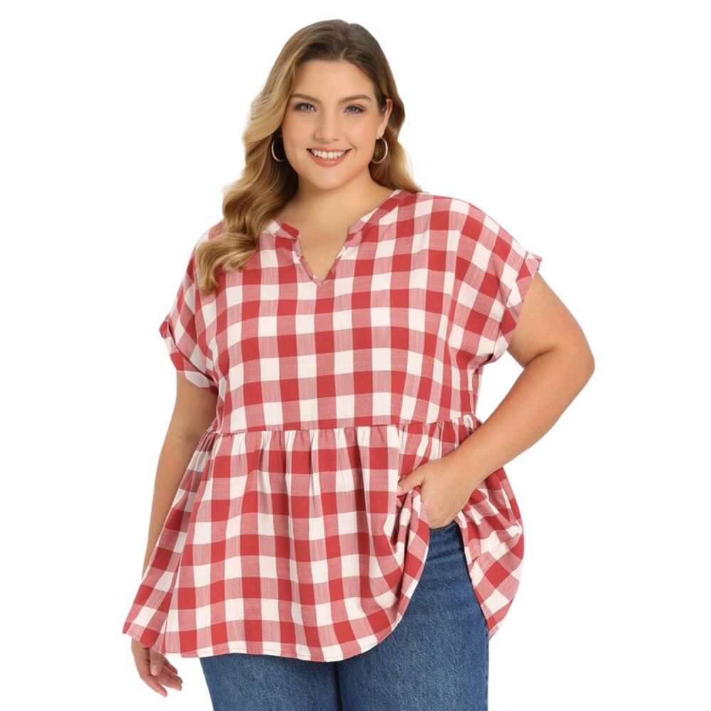 Women Plus Size Summer Gingham Notch V Neck Babydoll Peplum Blouse Red
